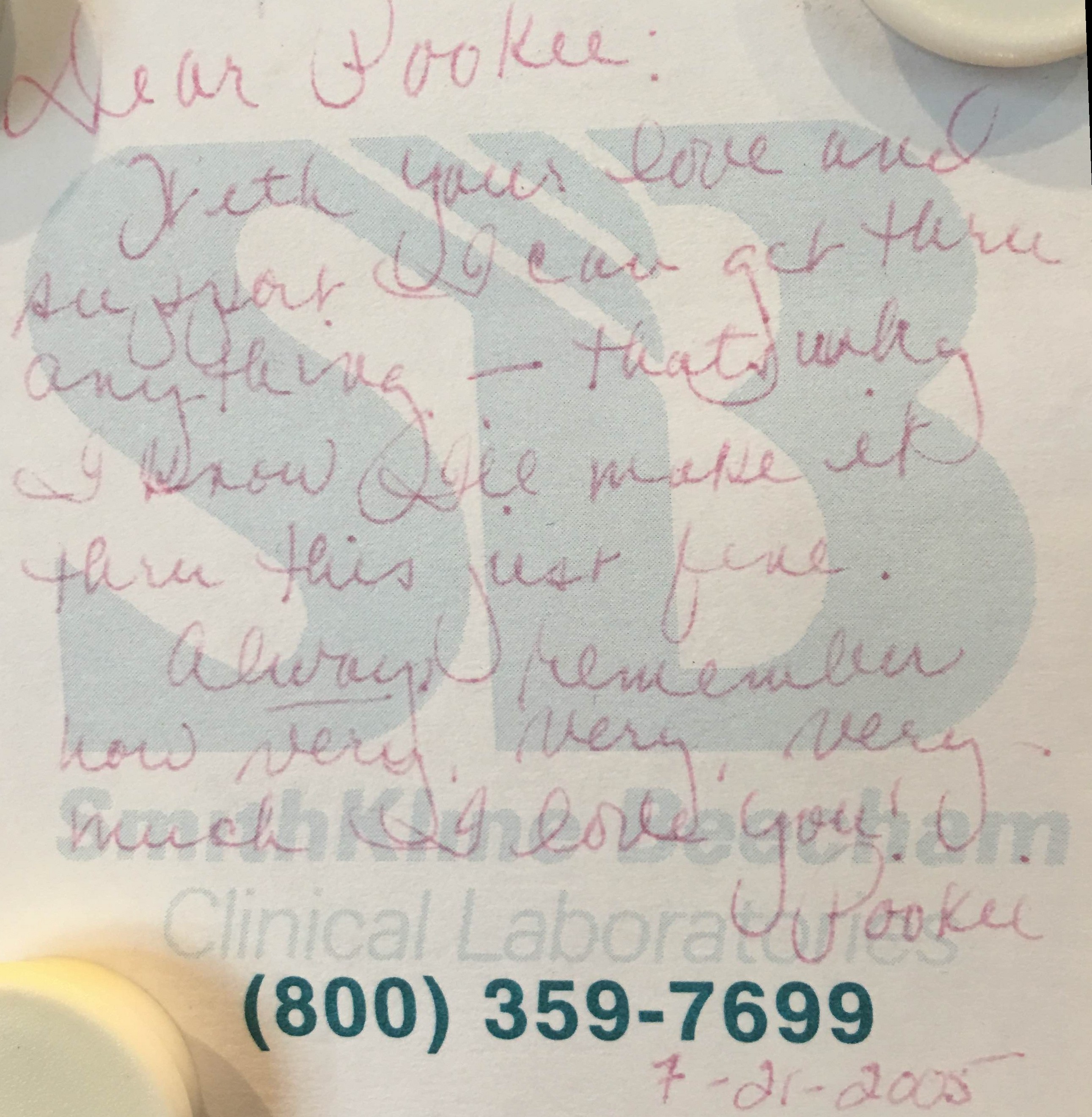 A note from Suzanne written in pink ink, dated 7-21-2005